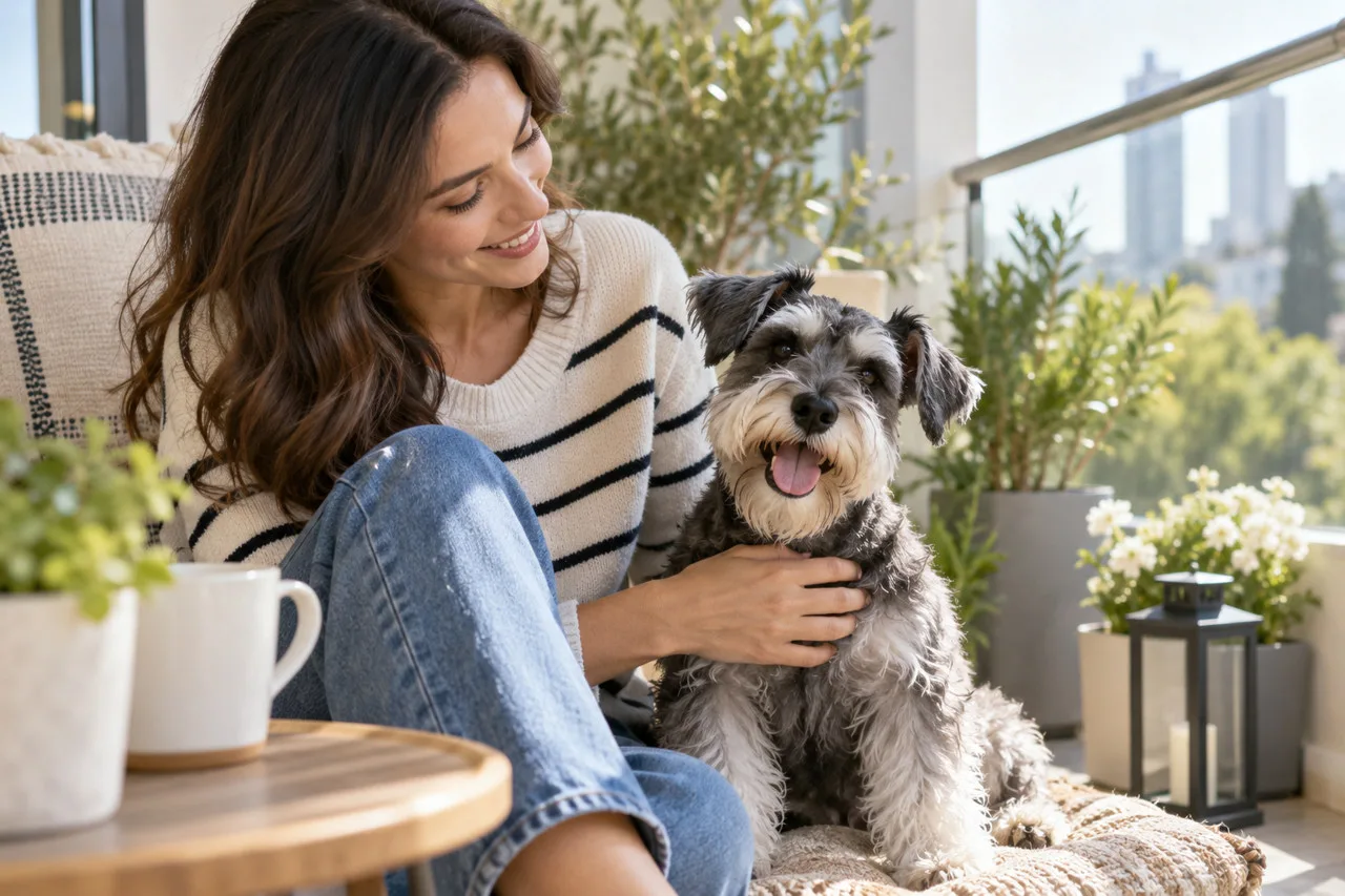 Owner sitting with a gray dog on a patio